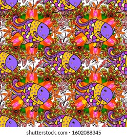 Cute fishes can be used as print for baby apparel, t-shirts, kids clothes, cards, packaging design. Swimming fishes cute pattern on orange, yellow, violet background. Fishes poster, banner template.