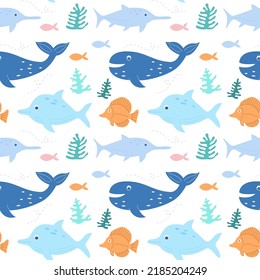 Cute fishes, corals and marine life. Underwater world pattern. Seamless pattern. Baby print for clothes, textiles