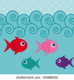 cute fishes into sea background. vector illustration