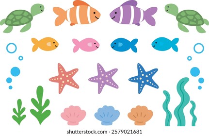 Cute fishes Nemo fish Goldfish turtle bubble seaweed clam