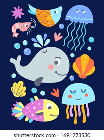 Cute fishes and sea animals vector set. Kids illustrations: fishes, whale, seashells, jellyfish and underwater plants