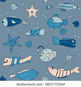 cute fishes seamless pattern. Childrens background underwater world.  Hand drawn design for baby fabric design.