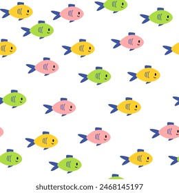 Cute fishes, seamless pattern. Exotic tropical sea animal, endless background. Aquarium fish, texture design, repeating print. Printable flat vector illustration for textile, fabric, wallpaper