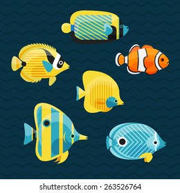Cute fishes set, vector illustrations.