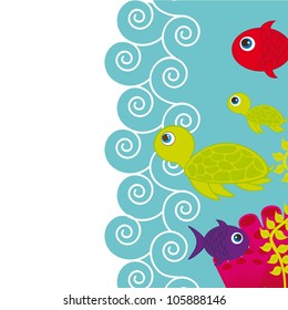 cute fishes and turtle into sea with space for copy. vector