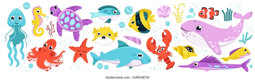 Cute fishes and underwater animals, nature of sea. Cartoon isolated funny aquatic characters, happy whale and octopus, swimming seahorse and tortoise, clownfish smiling