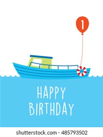 cute fishing boat first birthday greeting card