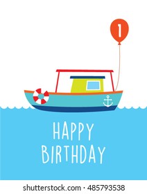 cute fishing boat first birthday greeting card