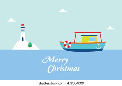cute fishing boat merry christmas greeting card with lighthouse graphic