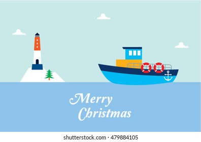cute fishing boat merry christmas greeting card with lighthouse graphic