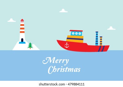 cute fishing boat merry christmas greeting card with lighthouse graphic