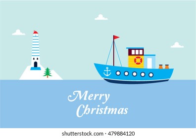 cute fishing boat merry christmas greeting card with lighthouse graphic