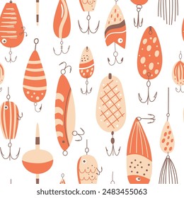 Cute fishing lures seamless pattern. Pink fishing hook repeat background. Vector Fathers day wallpaper, print for Dads day, fisherman equipment. Summer activity, leisure time. Funny cartoon design.