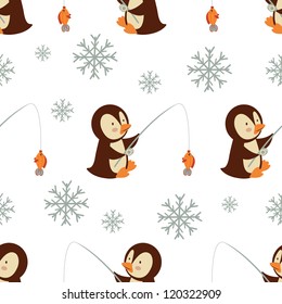Cute fishing penguins  seamless pattern