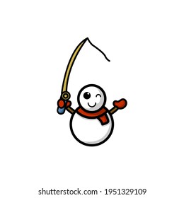 Cute Fishing Snow Man Kawaii Cartoon Character Vector Illustration Design. Outline, Cute, Funny Style. Recomended For Children Book, Cover Book, And Other.