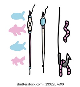 Cute fishing tackle cartoon vector illustration motif set. Hand drawn angling