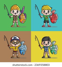 Cute Fishing Vector Illustration Set. Cute Vector illustration of Fisherman Set. Fisherman Vector Illustration Set. Big Fish Strike Illustration.