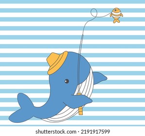 Cute fishing whale, cute whale wearing cap, cute blue whale