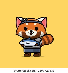 Cute fishmonger red panda cartoon vector illustration animal proffession concept icon isolated