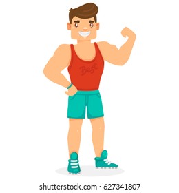 Cute fit young man, after weight loss in sportswear, cartoon character, isolated, flat vector illustration.