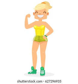 Cute fit young woman, after weight loss in sportswear, cartoon character, isolated, flat vector illustration.