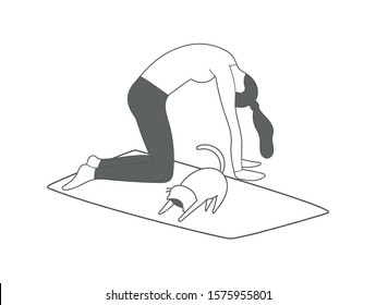 Cute fitness cat with girl do exercises, sport woman and kitty, do yoga poses for beginners on the yoga mat, great stretching for the health, downward dog, marjariasana (cat pose)