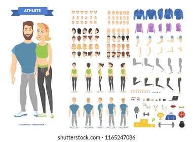 Cute fitness couple character set for animation with various views, hairstyles, emotions, poses and gestures. Sport equipment set. Isolated vector illustration