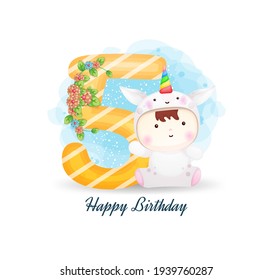 Cute five doodle numbering and baby in unicorn costume Premium Vector