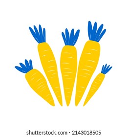 Cute five yellow carrots on a white background. Vegetables useful with carotene. Vector.