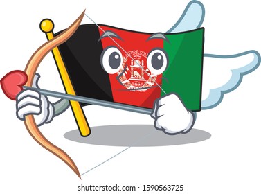 Cute flag afghanistan Scroll Cupid cartoon character with arrow and wings
