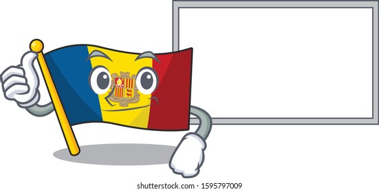 cute flag andorra Scroll cartoon character Thumbs up with board