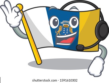 cute flag canary island Scroll cartoon character design wearing headphone