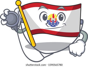 Cute Flag french polynesia Scroll cartoon character in a Doctor with tools