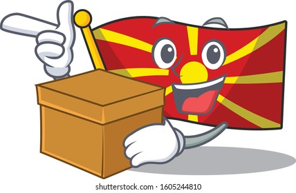 Cute flag macedonia cartoon character having a box