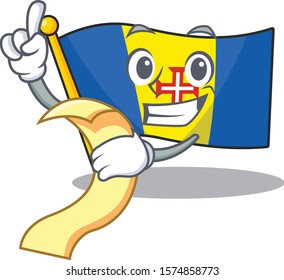 Cute flag madeira cartoon character with menu ready to serve