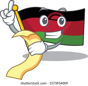 Cute flag malawi cartoon character with menu ready to serve