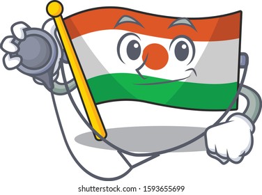 Cute flag niger Scroll cartoon character in a Doctor with tools