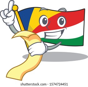 Cute flag seychelles cartoon character with menu ready to serve