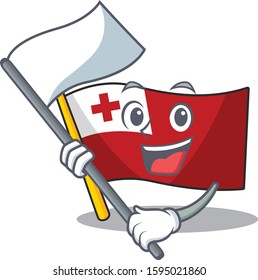 cute flag tonga Scroll cartoon character style with standing flag