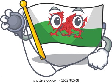 Cute flag wales Scroll cartoon character in a Doctor with tools