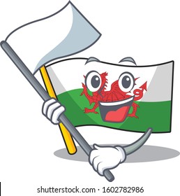 cute flag wales Scroll cartoon character style with standing flag