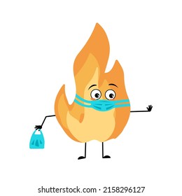 Cute flame character with face in medical mask and keep distance, hands with shopping bag and stop gesture. Fire man with care expression, hot orange person. Vector flat illustration