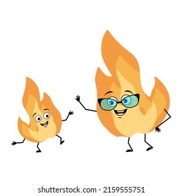 Cute flame character with glasses and grandson dancing character happy emotion, face, smile eyes, arms and legs. Fire man with funny expression, hot orange person. Vector flat illustration