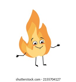 Cute flame character with happy emotions, joyful face, smile eyes, arms and legs. Fire man with funny expression, hot orange person. Vector flat illustration