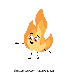 Cute flame character with happy emotions, joyful face, smile eyes, arms and legs. Fire man with funny expression, hot orange person. Vector flat illustration