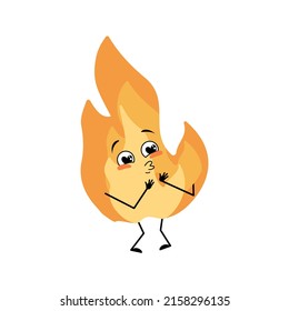 Cute flame character with love emotions, smile face, arms and legs. Fire man with funny expression, hot orange person. Vector flat illustration