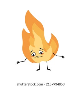 Cute flame character with sad emotions, depressed face, down eyes, arms and legs. Fire man with melancholy expression, hot orange person. Vector flat illustration