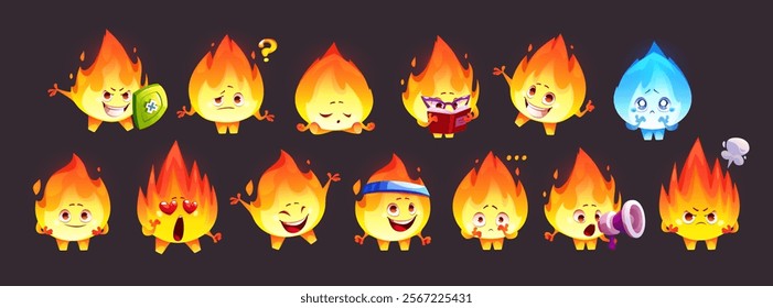 Cute flame mascot emotions and actions set - fiery character brave with shield, confused and sleeping, reading book, with happy and upset expressions. Kawaii burning personage displaying feelings.