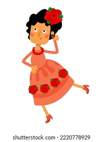 Cute flamenco dancer in cartoon style. Spanish girl in dress. Character for postcards, books, posters. Vector illustration, isolated icon on white background.