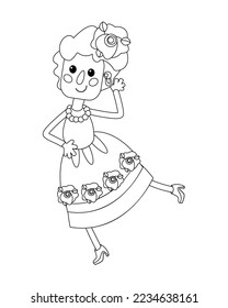 Cute flamenco dancer. Character for postcards, books, posters. Black and white outline. Vector illustration. isolated icon for design. 